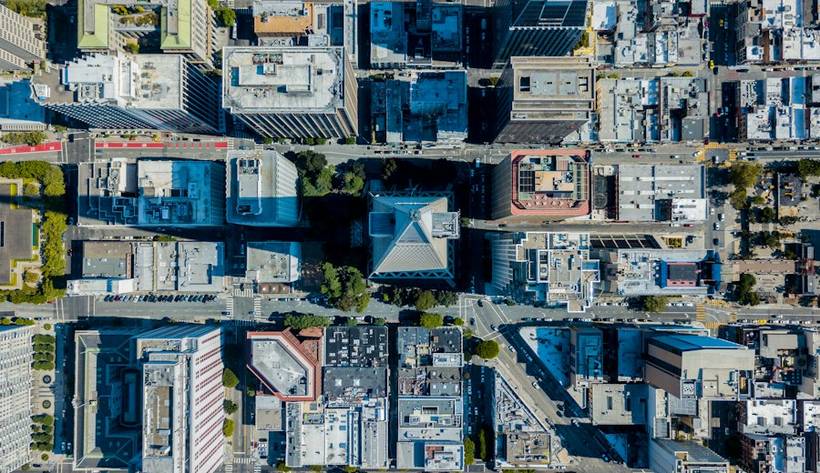 Aerial view of city blocks