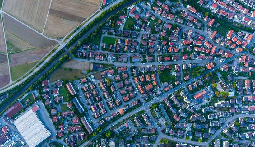 Aerial view of houses and streets
