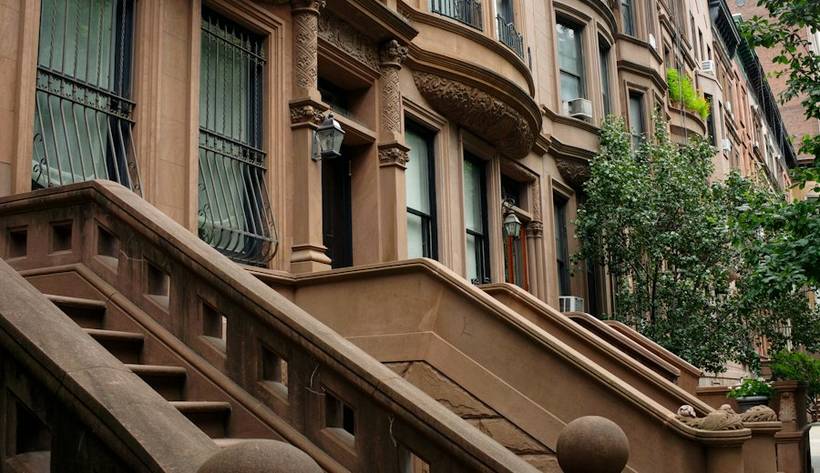 Brownstone row houses in a historic district